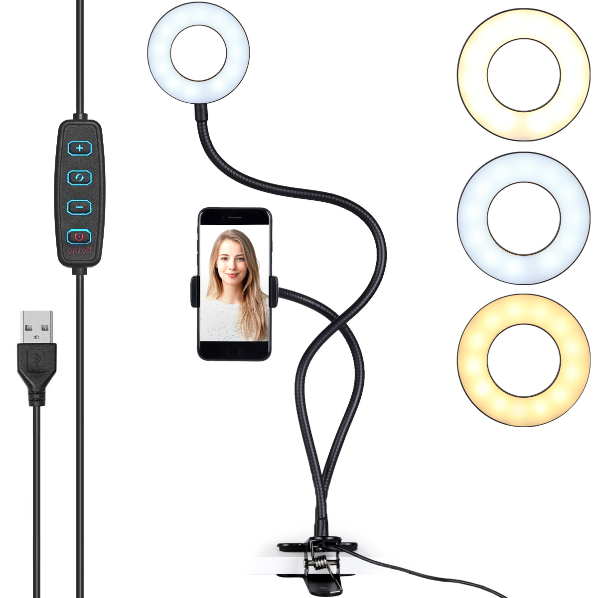 ayex Smartphonehalterung, LED-Licht mit USB - dimmbar, warmes und kaltes Licht (schwarz, weiß)