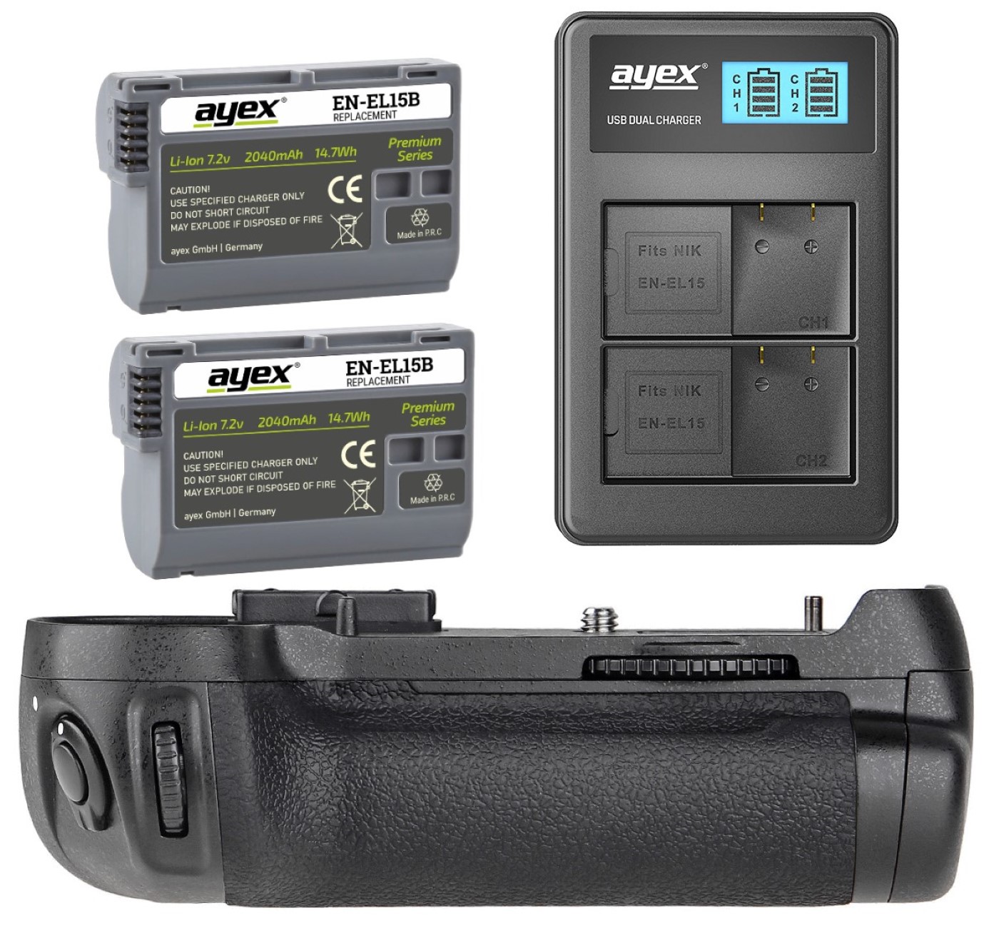 Batteriegriff Set für Nikon D7100 D7200 wie MB-D15 + 2x EN-EL15B Akku + 1x USB Dual-Ladegerät