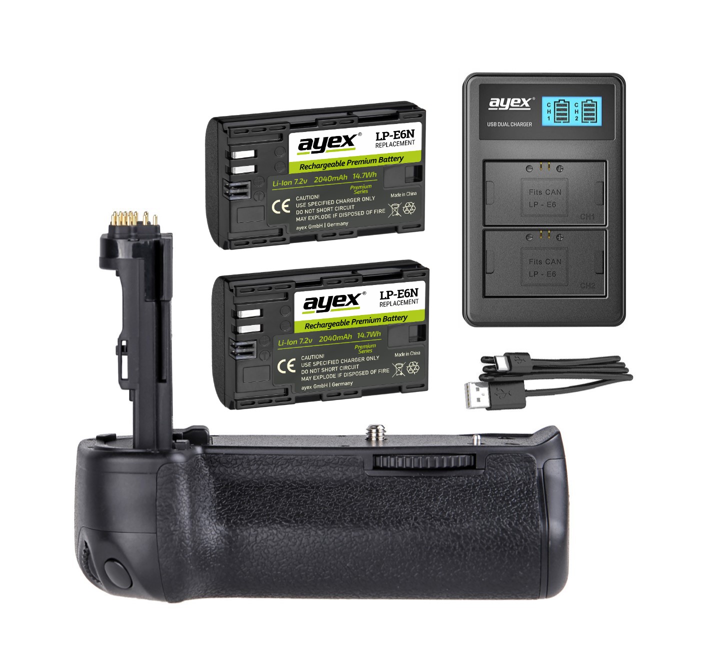 Batteriegriff Set für Canon EOS 6D + 2x LP-E6N Akku + 1x USB Dual Ladegerät